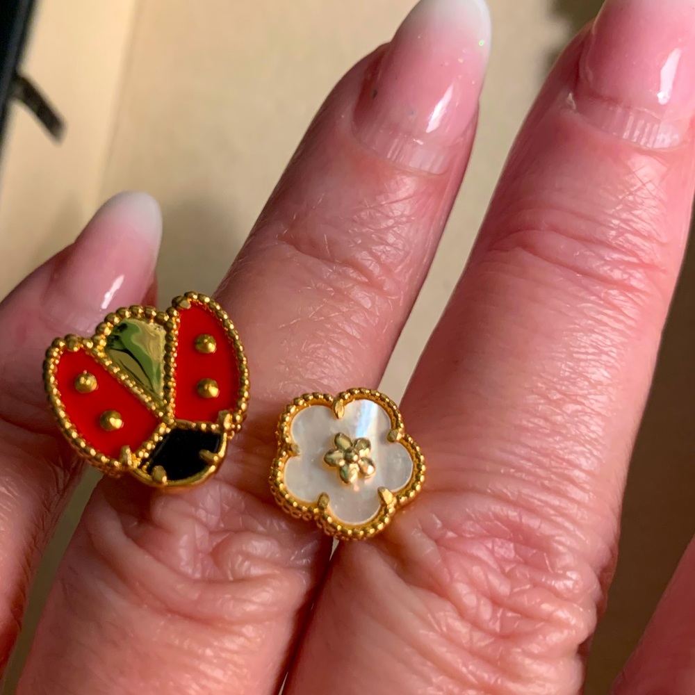 18 K gold Ring of mother of pearl butterfly $ flower adjustable Ring - Picture 2 of 15